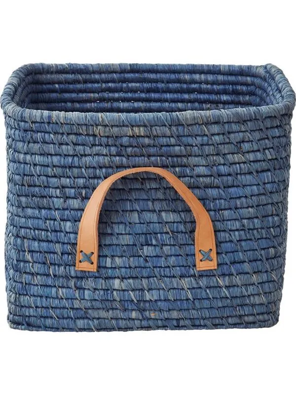 Rice Small Square Raffia Basket with Leather Handles