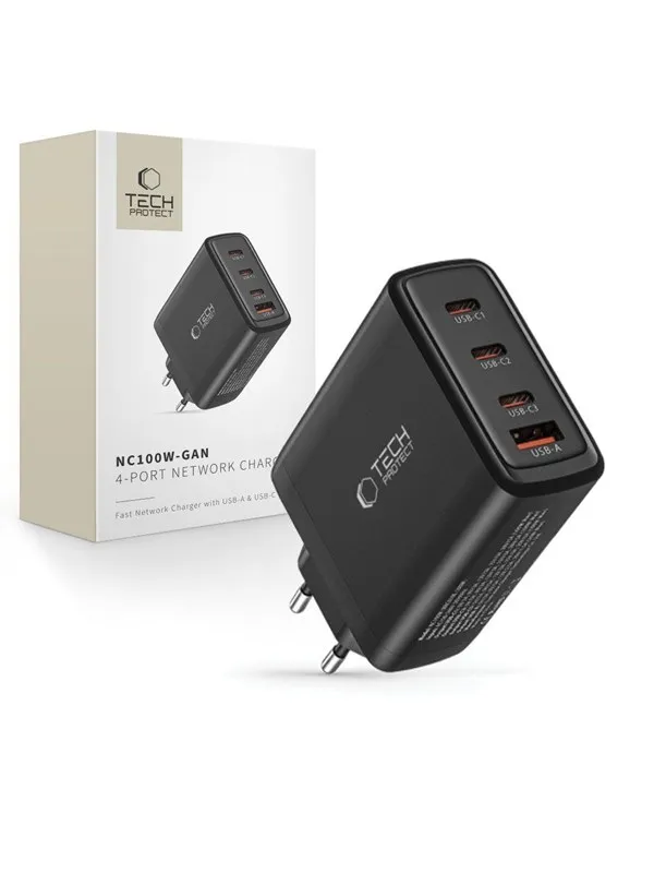 Tech-Protect NC100W-GAN GaN 3x USB-C PD 100W / USB-A QC 3.0 Charger - Black