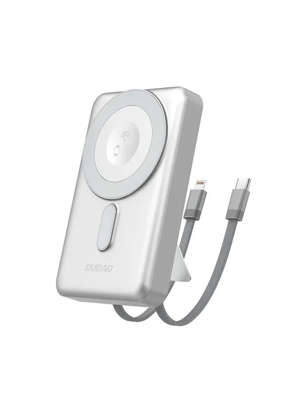 Dudao K29 10000mAh PD 20W MagSafe Powerbank with Metal Case Stand and Built-in USB-C/ Lightning Cables - Silver Nødlader - Sølv - 10000 mAh