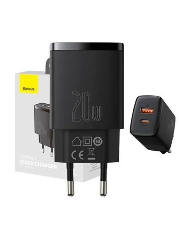 Baseus Compact USB/USB Type C Fast Charger 20W 3A Power Delivery Quick Charge 3.0 Black (CCXJ-B01)
