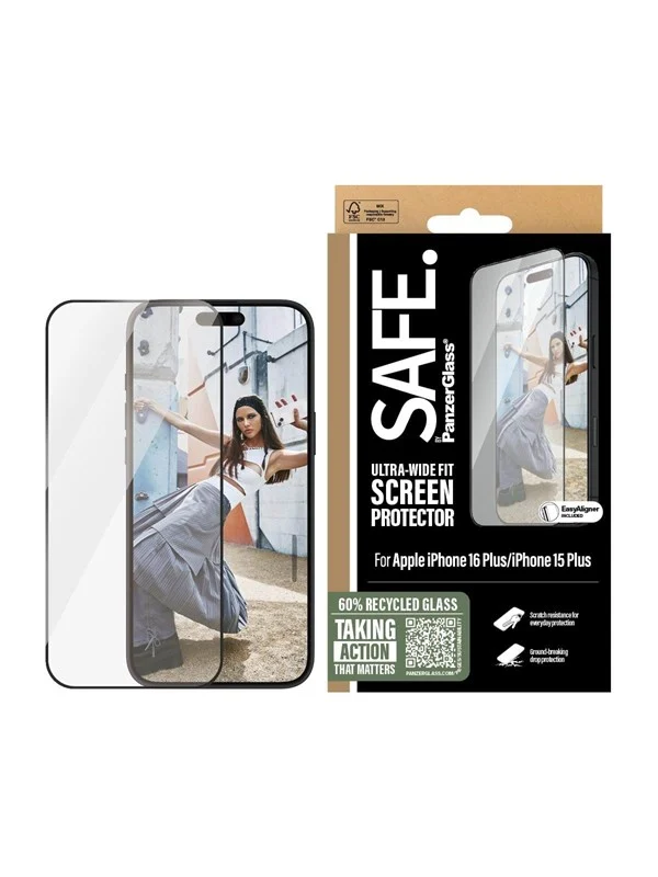 SAFE by PanzerGlass Screen Protection w. Black Frame iPhone 16 Plus | 15 Plus | Ultra-Wide Fit
