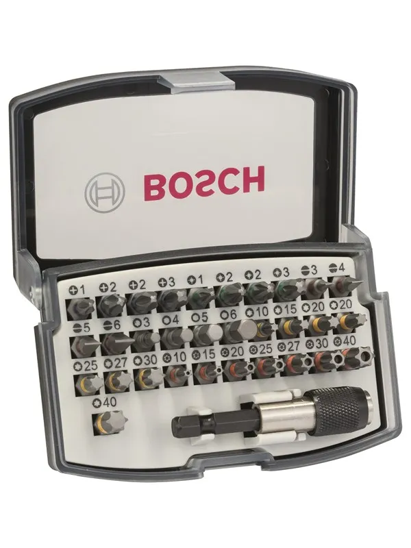 Bosch 32-delers skrubitssett PH1; PH2; PH2; PH3; PZ1; PZ2; PZ2; PZ3; HEX 3; HEX 4; HEX 5; HEX 6; T10; T15; T20; T20; T25; T27; T30; T40