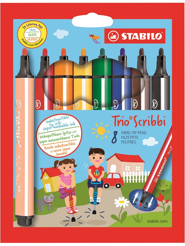 STABILO ® Trio® ScribbiTriangular fibre-tip pen with spring-loaded tip cardboard wallet of 8 pens