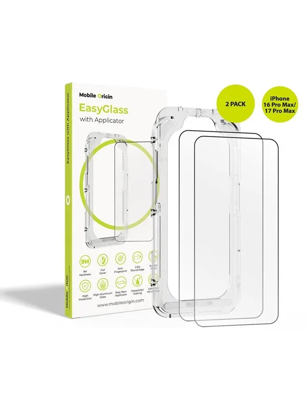 Mobile Origin EasyGlass with Applicator iPhone 16 Pro Max/17 Pro Max - 2 pack