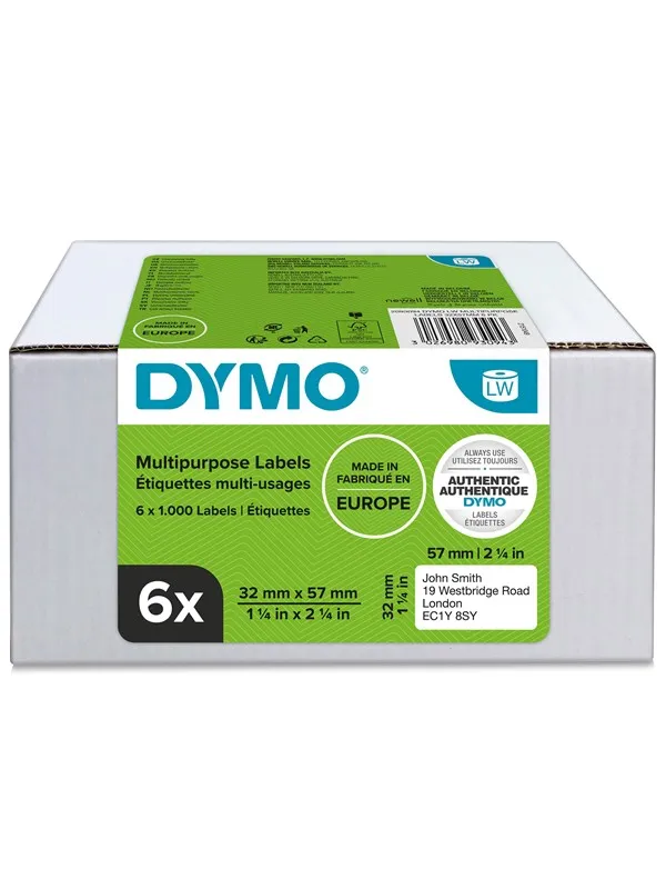 DYMO LW multifunksjonelle etiketter, 32mm x 57mm, 6 ruller med 1000 stk. (6000 stk. i alt)