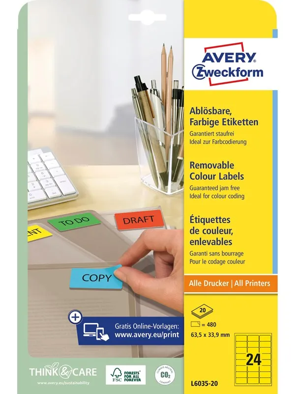 Avery Fargede etiketter, 63,5 x 33,9 mm, 480 Etiketter, Gul