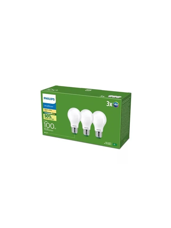 Philips LED-lyspære Ultra Efficient A60 7,3W/827 (100W) Clear 3-pack E27