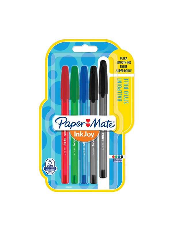 Paper Mate InkJoy 100ST Ballpoint Pens | Fine Point (0.7mm) | Assorted Classic Colours | 5 Count