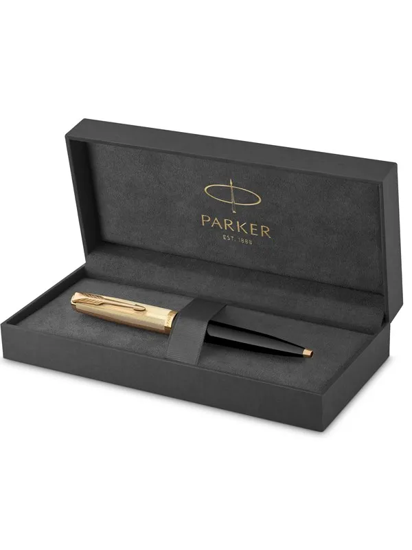 Parker 51 Ballpoint Pen | Deluxe Black Barrel with Gold Trim | Medium 18k Gold Point with Black Ink Refill | Gift Box