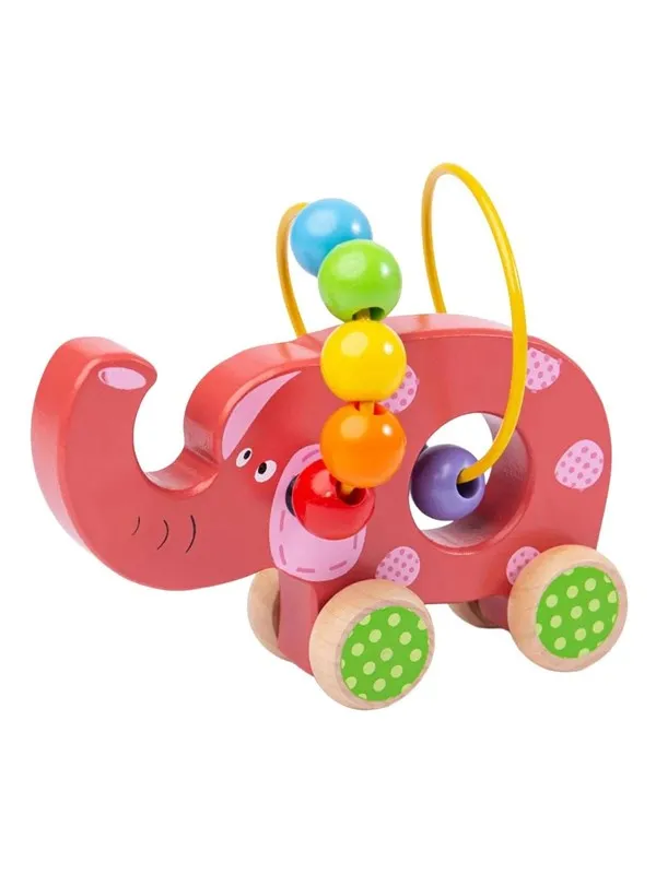 Bigjigs Wooden Push Elephant with Bead Spiral