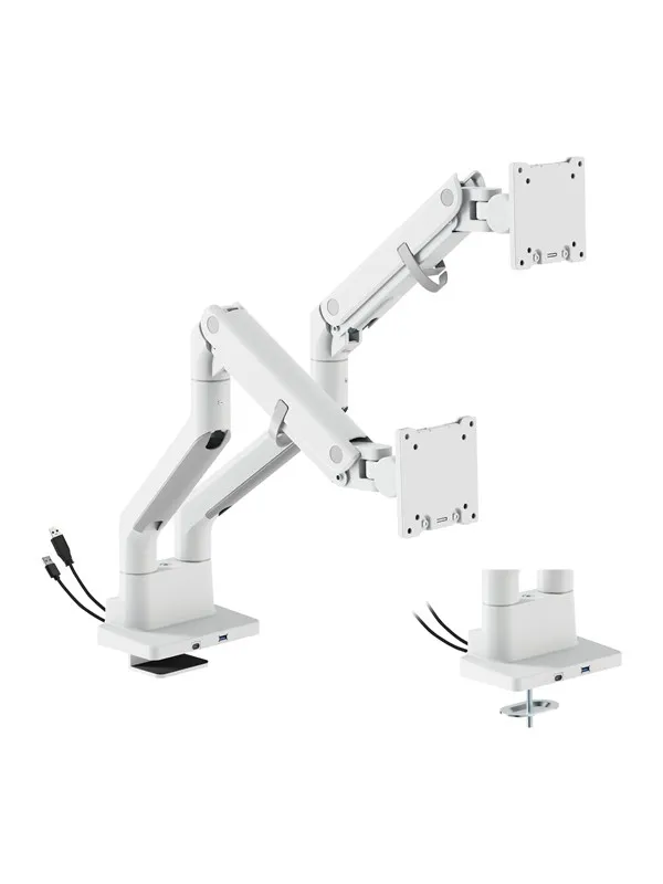 DUTZO Skjermholder for 2 skjermer (24" - 45") - Heavy Duty Deluxe med USB A & C-porter - Hvit