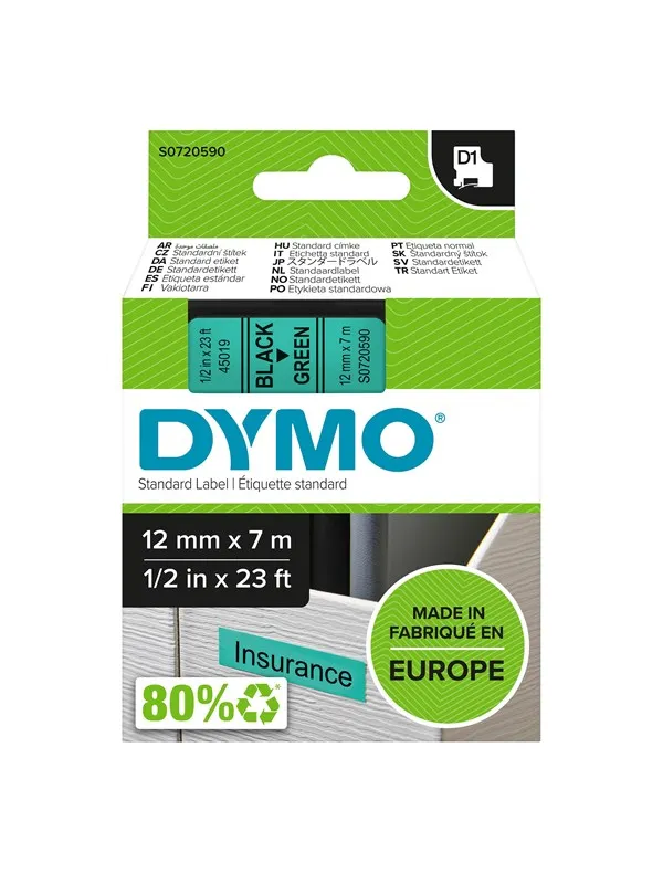 DYMO D1 tape, 12mm x 7m rull, sort på grønn