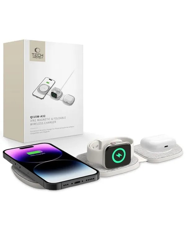 Tech-Protect  QI15W-A32 3in1 Inductive Charger with MagSafe for Smartphone / Apple Watch / AirPods - Grey
