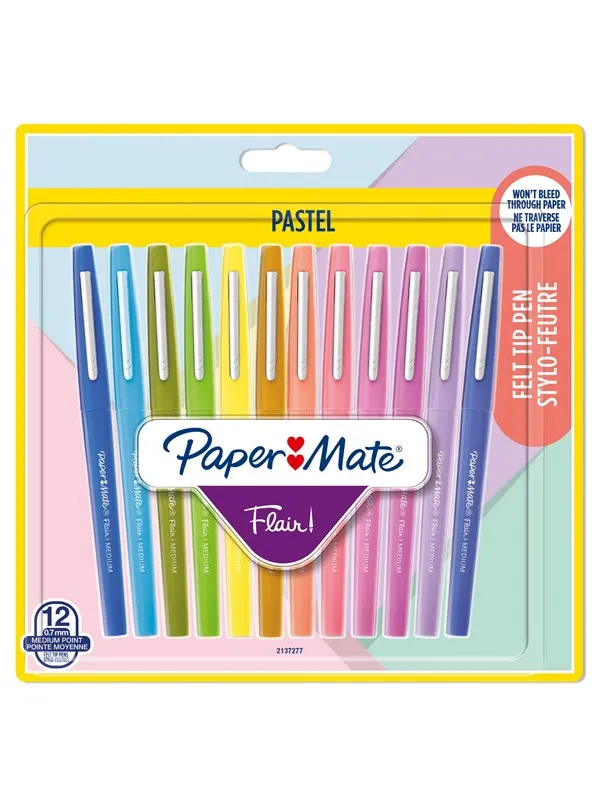 Paper Mate Flair Felt Tip Pens | Medium Point (0.7mm) | Assorted Pastel Colours | 12 Count