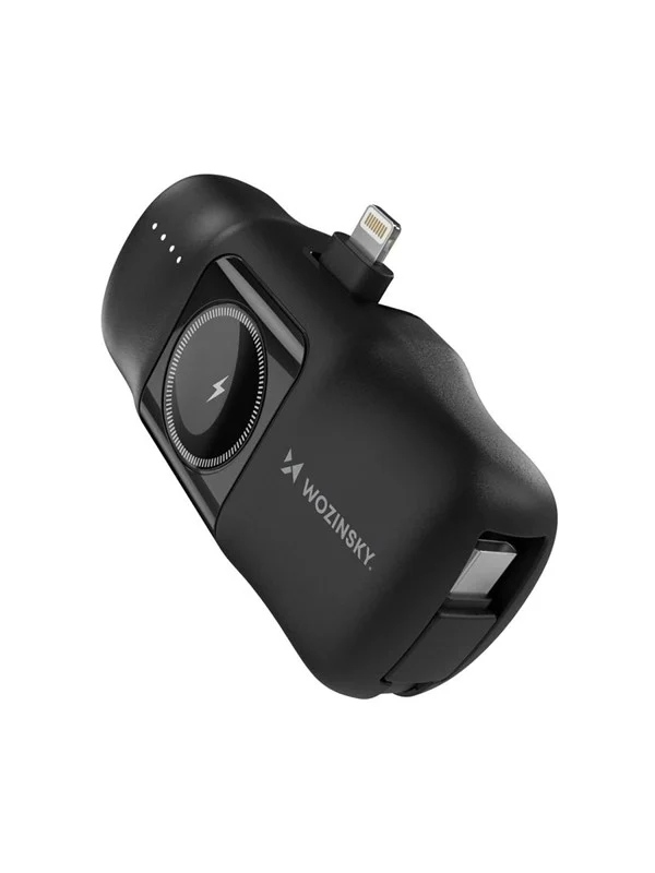 Wozinsky WF16-YLS 5000mAh 15W Lightning Mini Power Bank with Built-in USB-C Cable and Apple Watch Charger - Black Nødlader - Svart - 5000 mAh