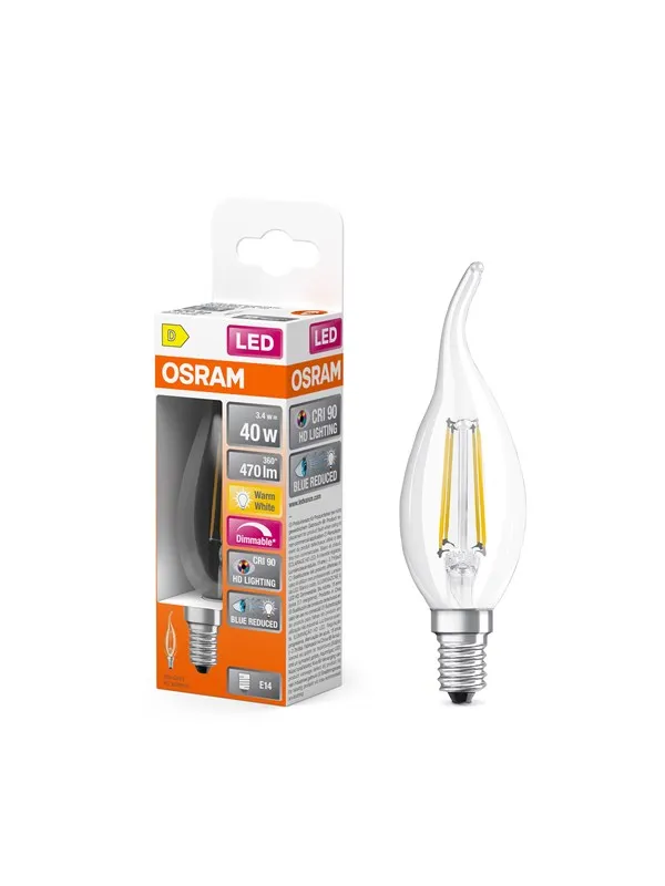 Osram LED-lyspære LED Comfort candle vindstød filament 470lm 3.4W/927 (40W) E14 dimmable E14