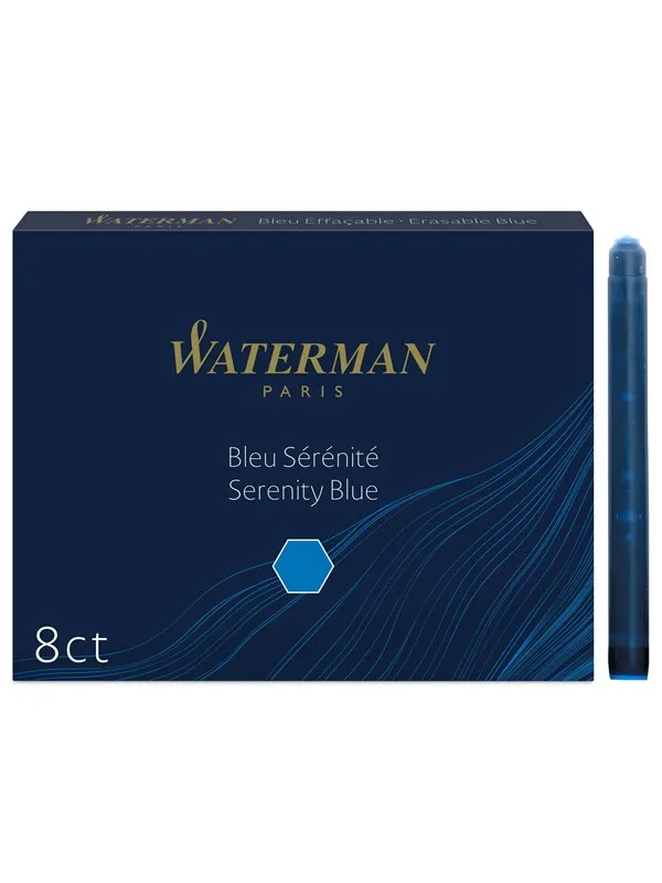 Waterman Fountain Pen Refill Ink Cartridges | Long Standard | Serenity Blue | 8 Count