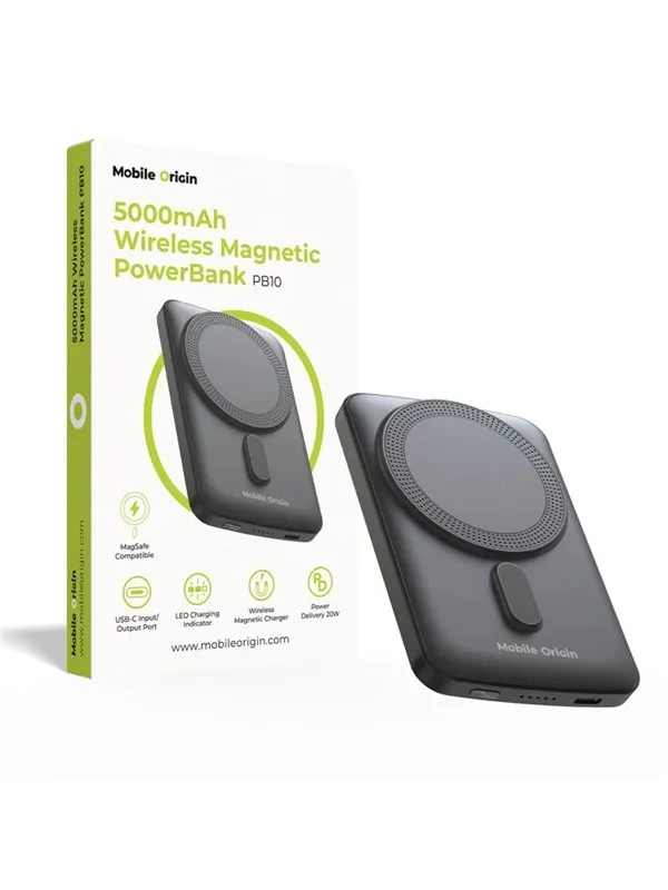Mobile Origin Wireless Magnetic PowerBank 5000mAh PB10 Nødlader - Svart - 5000 mAh