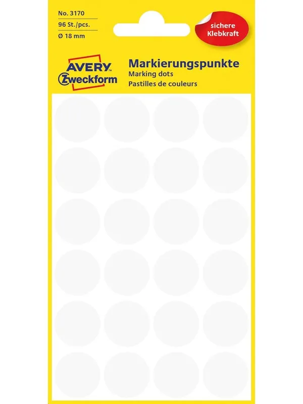 Avery Matriseklistremerker, Ø 18 mm, 96 Etiketter, Hvit