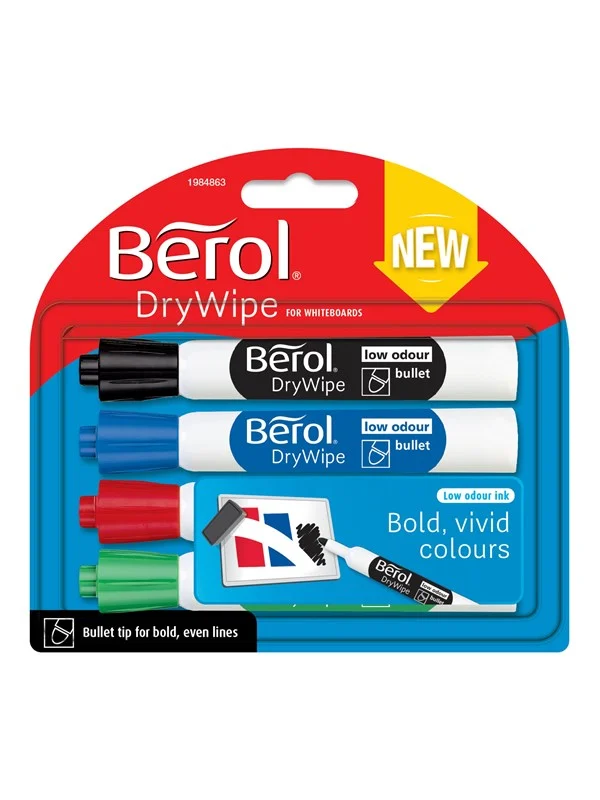 Berol whiteboard marker, rund spiss 2mm, blister med 4 stk., assorterte farger