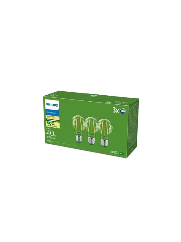 Philips LED-lyspære Ultra Efficient A60 2,3W/827 (40W) Clear 3-pack E27