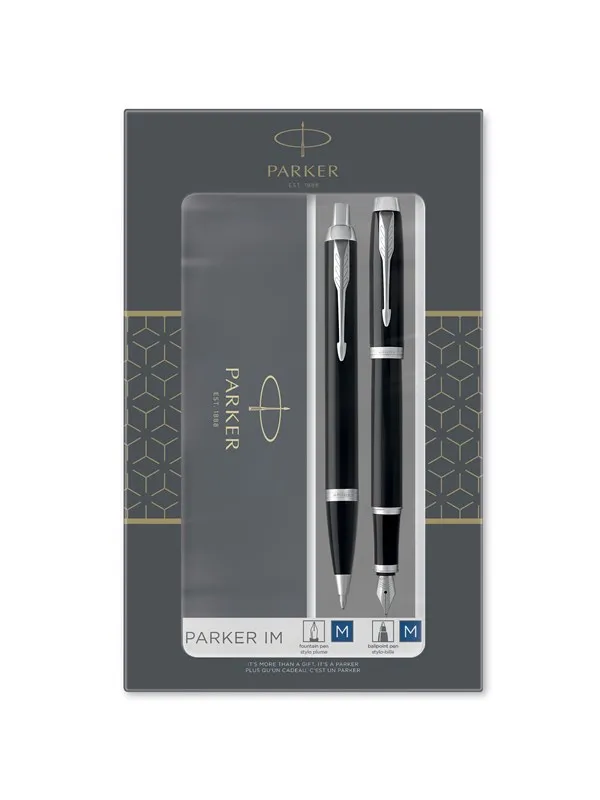 Parker IM Duo Gift Set with Ballpoint Pen & Fountain Pen | Gloss Black with Chrome Trim | Blue Ink Refill & Cartridge | Gift Box