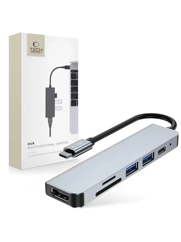 Tech-Protect HUB V3 5in1 USB-C - USB-A 3.0 / USB-A 2.0 / USB-C / HDMI / RJ45 - grey USB-hub - USB 2.0 - 6 porter - Grå