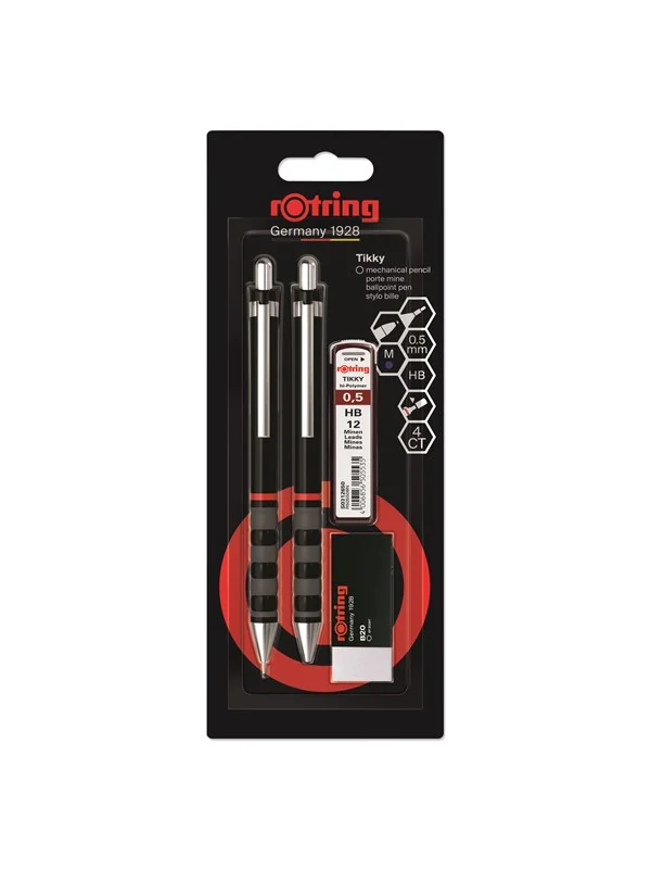 Rotring Tikky Mechanical Pencil Ballpoint Eraser & Lead Refills Set | HB Lead 0.5 mm Pencil | Medium Point Pen | Black Barrel