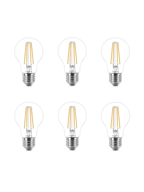 Philips LED-lyspære Classic 7W/827 (60W) Clear 6-pack E27
