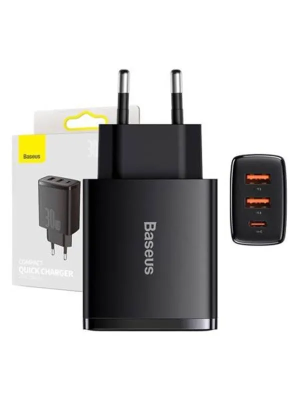 Baseus Compact Quick Charger 2 × USB-A + USB-C PD 3 A 30 W - Black