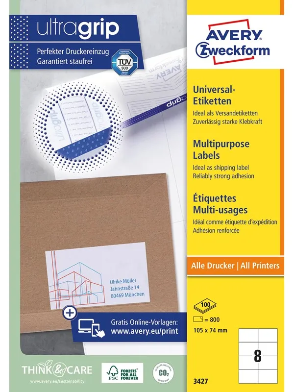 Avery Universaletiketter, 105 x 74 mm, 800 Etiketter, Hvit