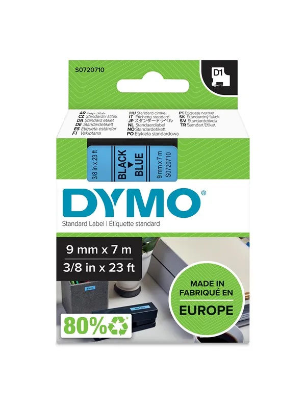 DYMO D1 tape, 9mm x 7m rull, sort på blå