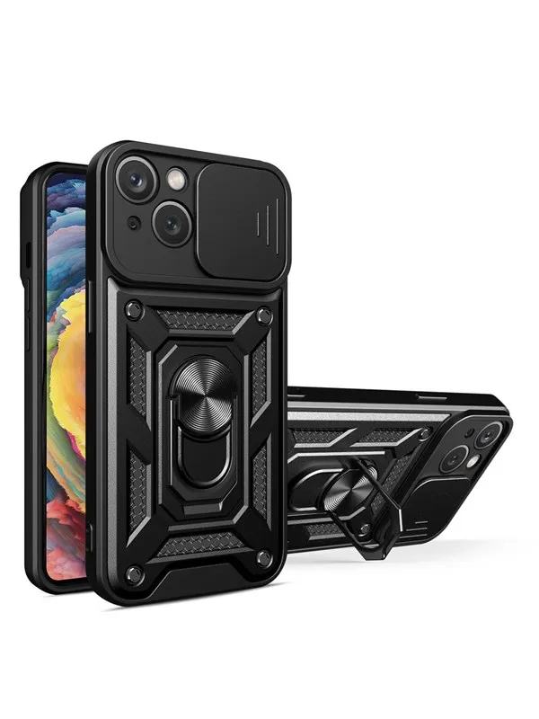Hurtel Hybrid Armor Camshield Case for iPhone 14 Plus Armored Case with Camera Cover Black