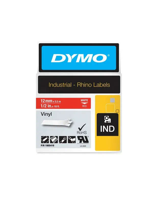 DYMO Rhino industri vinyl tape,12 mm x 5.5 m rull, hvit på rød