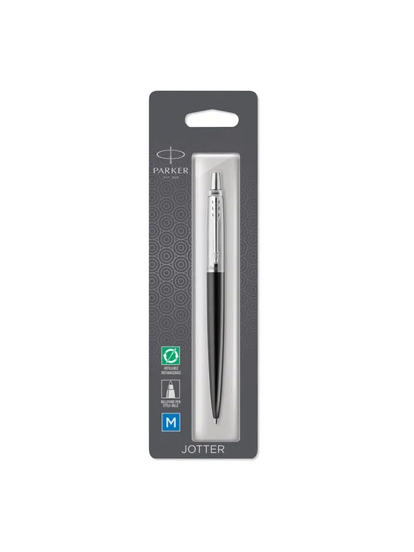 Parker Jotter Ballpoint Pen | Bond Street Black with Chrome Trim | Medium Point Blue Ink