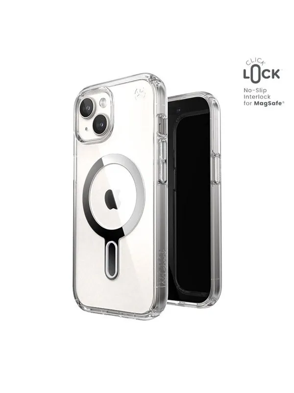 Speck Presidio Perfect-Clear ClickLock & MagSafe - iPhone 17e / 16e / 15 / 14 / 13 Case - Clear / Chrome Finish / Serene Silver