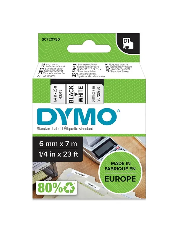 DYMO D1 tape, 6mm x 7m rull, sort på hvit