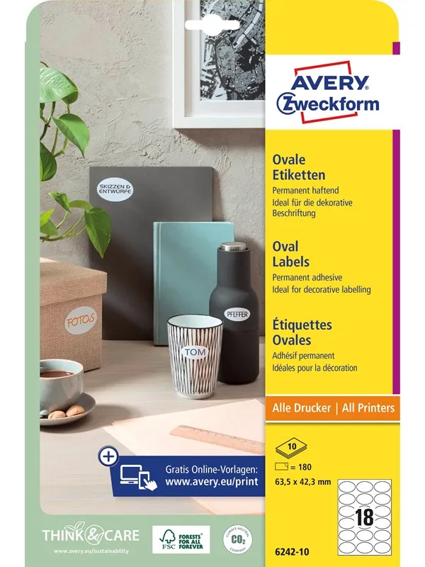 Avery Produktetiketter, ovale 63,5 x 42,3 mm, 180 Etiketter, Hvit