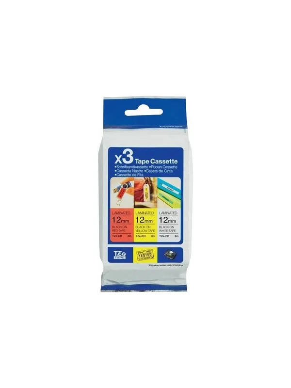 Brother TZe 31M3 - 3-Pack 1x black on red 1x black on white and 1x black on yellow laminated tape (12mm x 8m)