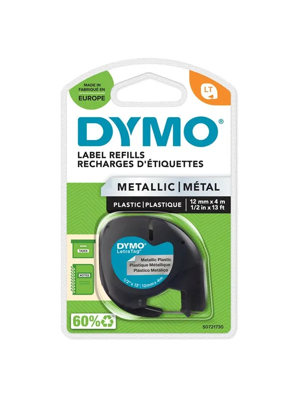 DYMO Letratag plasttape, sort på metallic sølv, 12mm x 4m rull