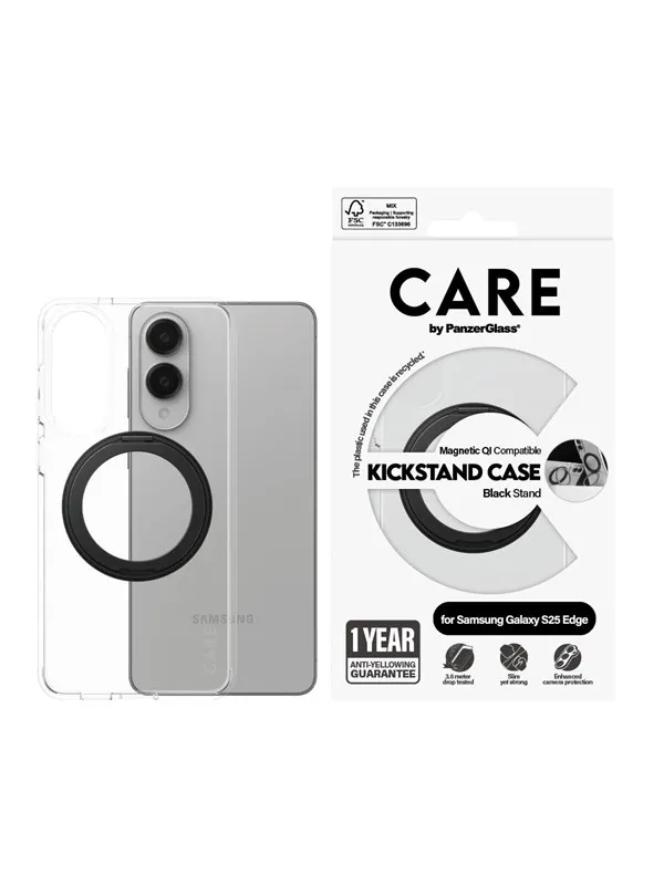 CARE by PanzerGlass Feature Case Transparent w. Black Kickstand & Qi Compatible Samsung S25 Edge