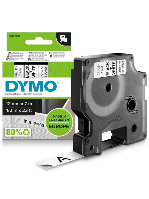 DYMO D1 tape, 12mm x 7m rull, sort på hvit