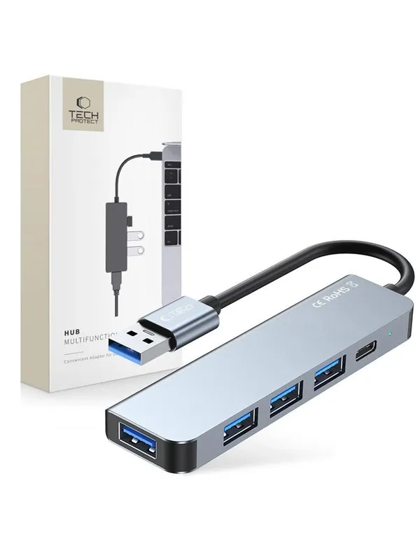 Tech-Protect HUB V0 5in1 USB-A - USB-A 3.0 / 3x USB-A 2.0 / USB-C - grey USB-hub - USB 2.0 - 5 porter - Grå