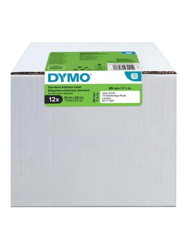 DYMO LW adresseetiketter, 28mm x 89mm, 12 ruller med 130 stk. (1560 stk. i alt)