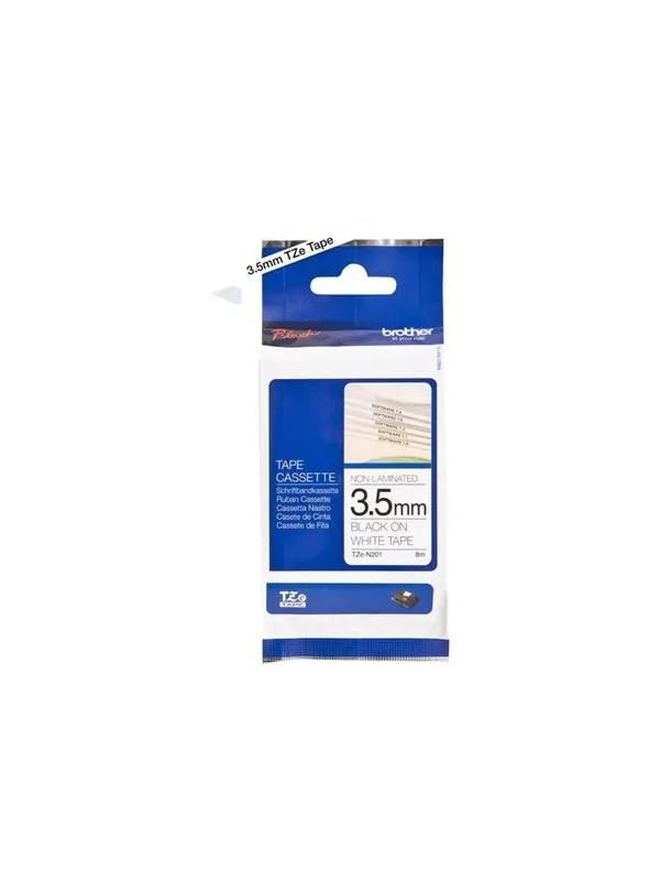 Brother TZEN201 3.5mm (0.13") Black on White Non-Laminated Super Narrow tape for P-touch 8m