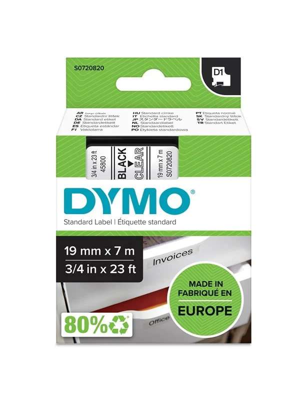 DYMO D1 tape, 19mm x 7m rull, sort på klar