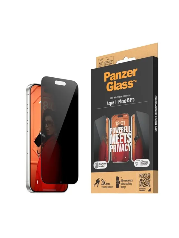 PanzerGlass Privacy Screen Protector iPhone 15 Pro | Ultra-Wide Fit w. EasyAligner