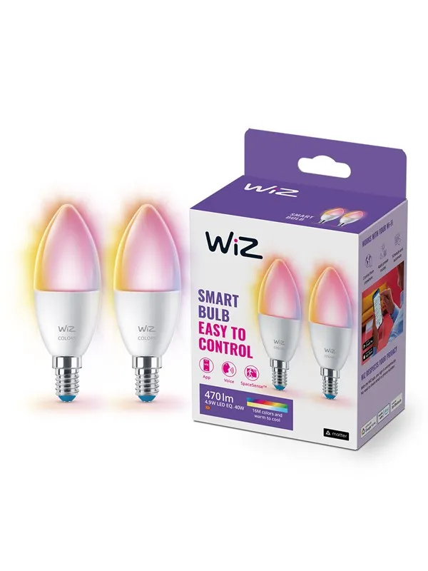 WiZ Color C37 E14 Smart Stearinlyspære 2-pakning - RGB/16 millioner farger + Dimbar Hvit LED-lys