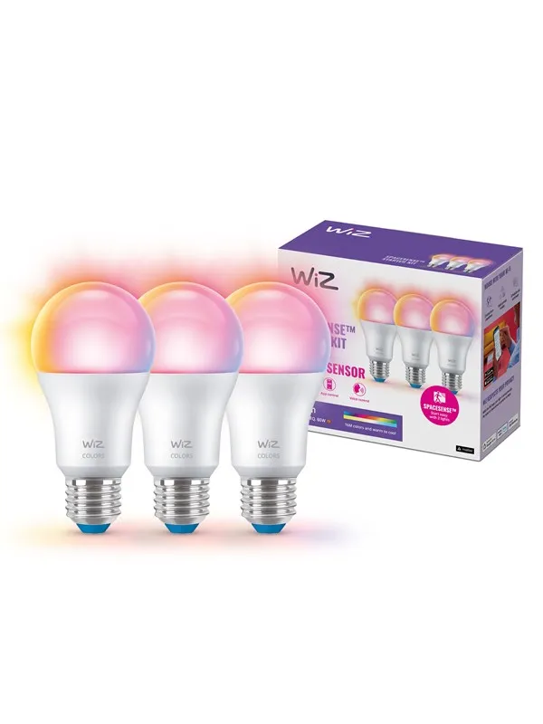 WiZ Color A60 E27 Smart LED-pære 3-pakning - RGB/16 millioner farger + dimbar hvit LED