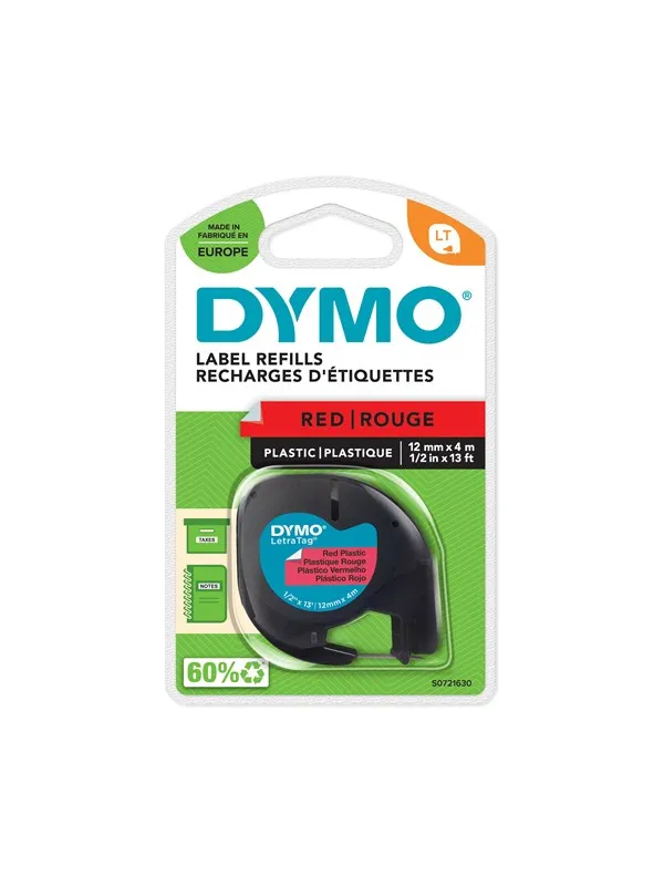 DYMO Letratag plasttape, sort på rød, 12mm x 4m rull